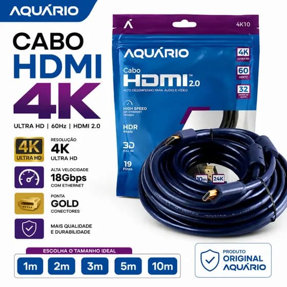 Cabo HDMI 2.0 4K Ultra HD Aquário Original 60Hz Ponta Gold 1m 2m 3m 5m 10m