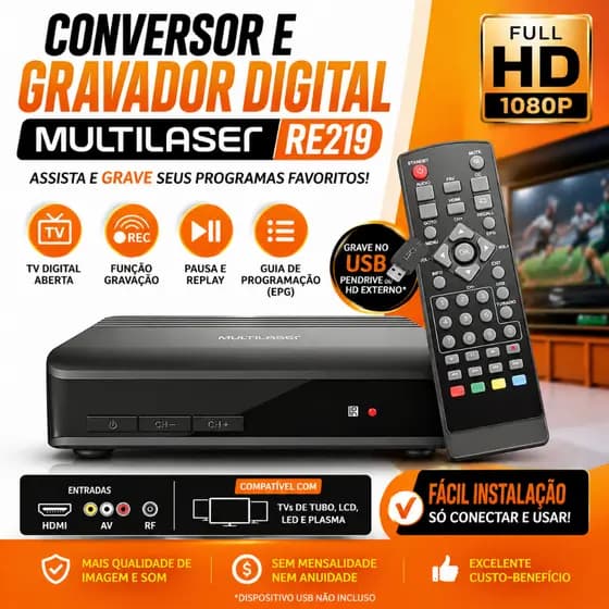 Conversor e Gravador Digital Multilaser RE219 | TV Aberta em HD + Função Gravar