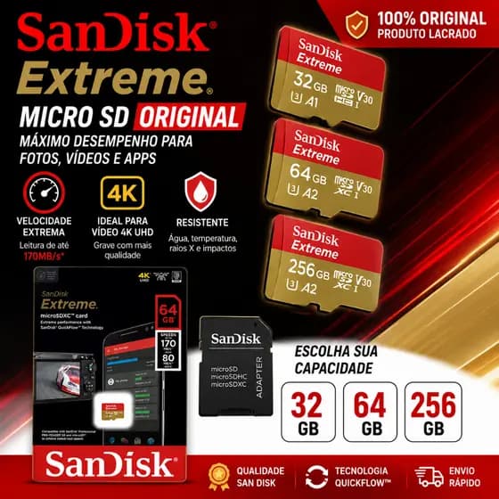 Cartão de Memória Micro SD SanDisk Extreme Original 32GB 64GB 256GB A2 V30 170MB/s 4K