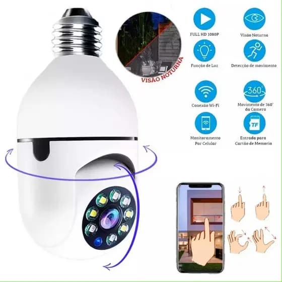 câmera segurança wi-fi ip sem fio 360 encaixe lampada aplicativo yoosee ptz full HD visão noturna - bivolt 8177