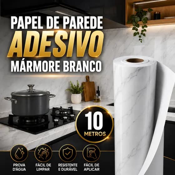 Papel de Parede Marmore 5/10M Branco Impermeável Resistente Quarto Sala Cozinha Antimofo Banheiro