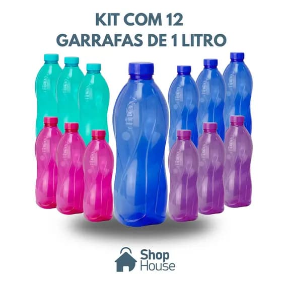 Kit de 12 Garrafas de Água De Plástico de 1L - CORES SORTIDAS - Monâco | Atacado | Revenda | Lembrancinhas | Academia |