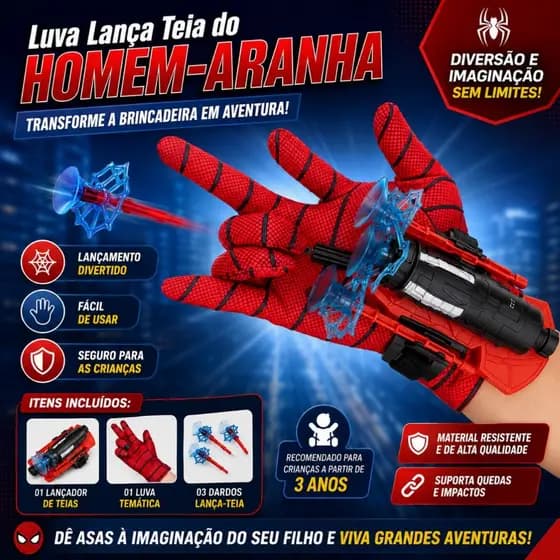 Luva Homem-Aranha Lança Teia Infantil com Lançador de Teia e 3 Dardos Brinquedo Super-Herói