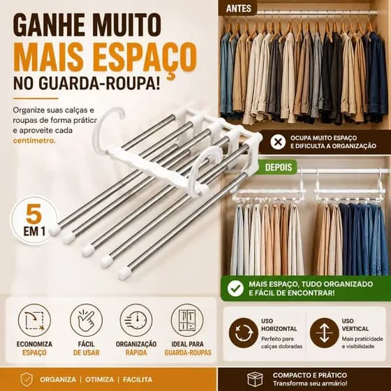 Cabide Mágico Multifuncional 5 em 1 para Calças Organizador Guarda Roupa Economia de Espaço Premium