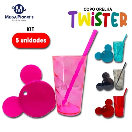 Kit 5 COPO TWISTER 500ml TAMPA ORELHA | Copo personagem | Ideal para Drinks e Festas | Aniversários | Casamentos | Chá de Bebê | Decorações
