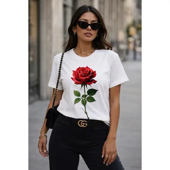 Camiseta Feminina Romantica Camisa Delicada Rosa Vermelha Blusa Streetwear
