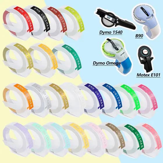 Fita De Rótulo Compatível Com Gofragem Dymo Efeito 3D/Motex E101 De Refil 9mm x 3m Para Organizer Xpress 12965 Omega Home Junior 1610 1540 1880