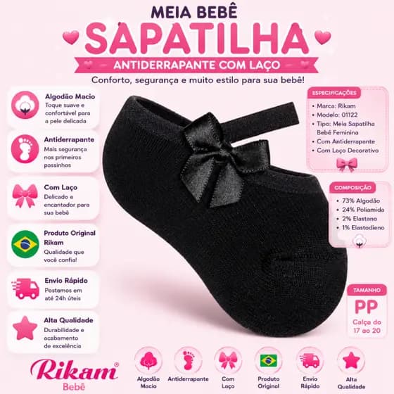 Meia Bebê Sapatilha Antiderrapante Feminina com Laço Algodão Rikam PP 17-20