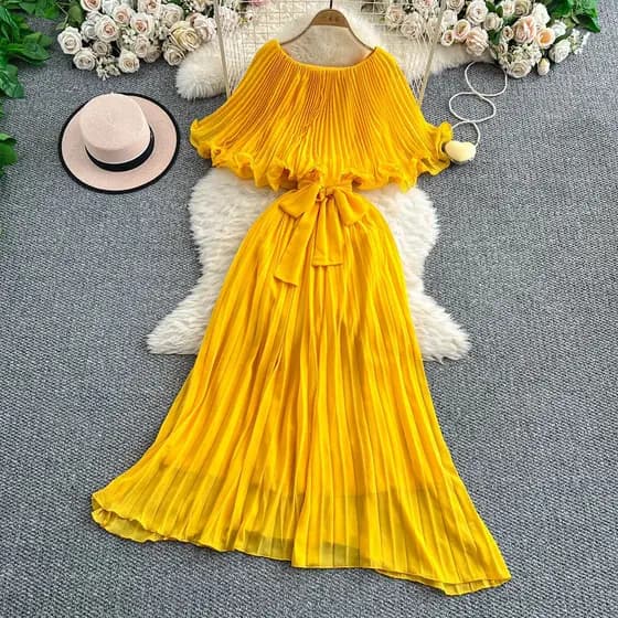 Feminino Elegante Vestido Longo Verão Francês Xale Mangas Amarradas Cintas Babados Vestidos De Chiffon Senhoras Vintage