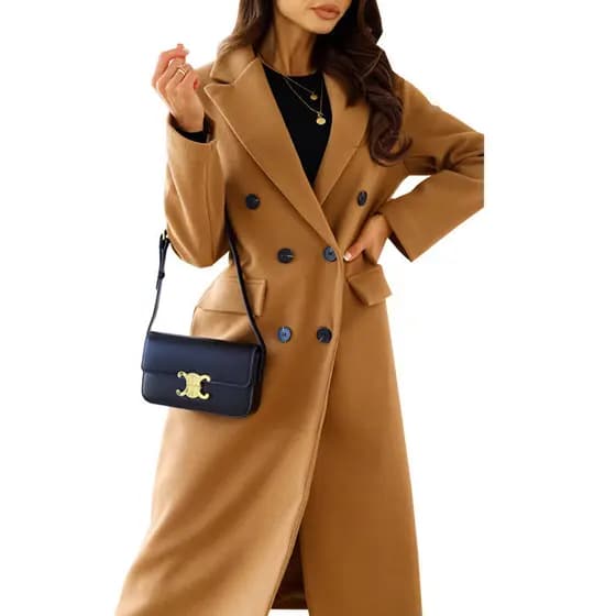 Outono Inverno Casaco De Lã Feminino Trespassado Manga Comprida Lapela Botão Longo vintage outwear