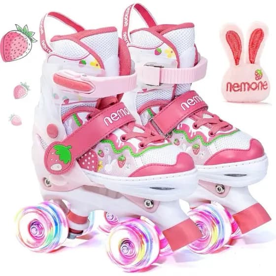 Patins Infantil 4 Rodas Rosa Morango Com Luz De Led e Proteção Patins De Criança Menina Black Friday