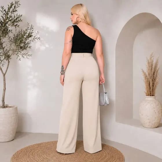 Pantalona Com Zíper Alfaiataria Premium Wide Leg Boca Larga Com Botão Moda Feminina Casual e Social