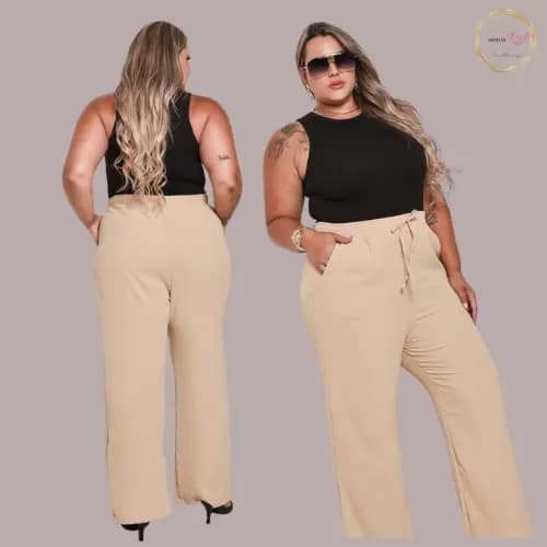Wide Leg Calça Pantalona Duna Feminina Plus Size Alfaitaria Fashion Cintura Alta Com Bolso Social