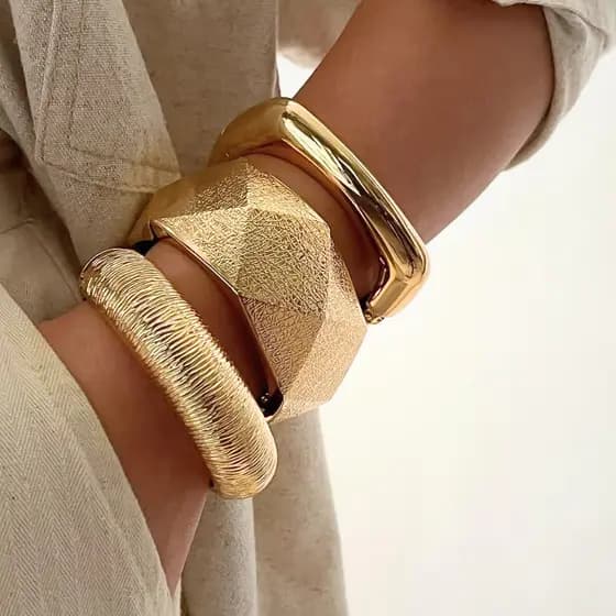 3 Peças Conjunto Braceletes Grossos Maximalista Dourados Prata Bracelete Grande Acessórios Femininos