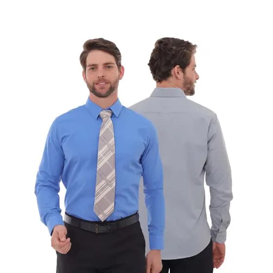 KIT Masculino 2 Peças - Camisa Social Slim Cinza e Camisa Social Slim Azul