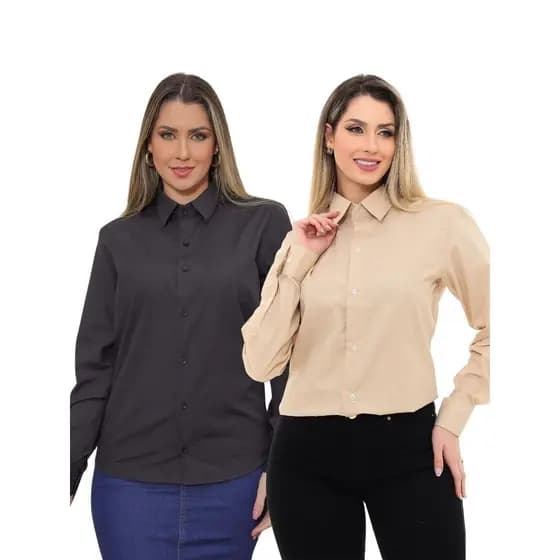 KIT Feminino 2 Peças - Camisa Social Premium Tipo Linho Bege e Camisa Social Slim Preta