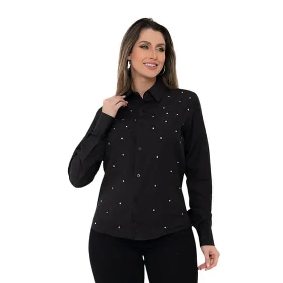 Camisa Social Feminina Manga Longa Slim Preto com strass