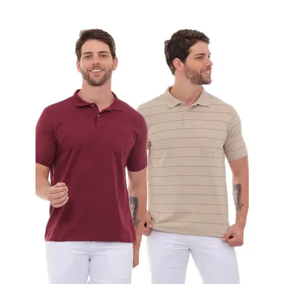 KIT Masculino 2 Peças - Camisa Polo Listrada Vinho e Camisa Polo Listrada Bege
