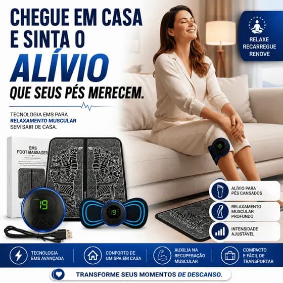 Massageador Elétrico EMS para Pés e Corpo Kit Completo Recarregável Alívio de Dores Musculares Relaxamento