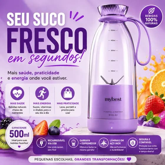 Liquidificador Portátil USB Recarregável 500ml Garrafa Mixer Espremedor Elétrico Roxo Original