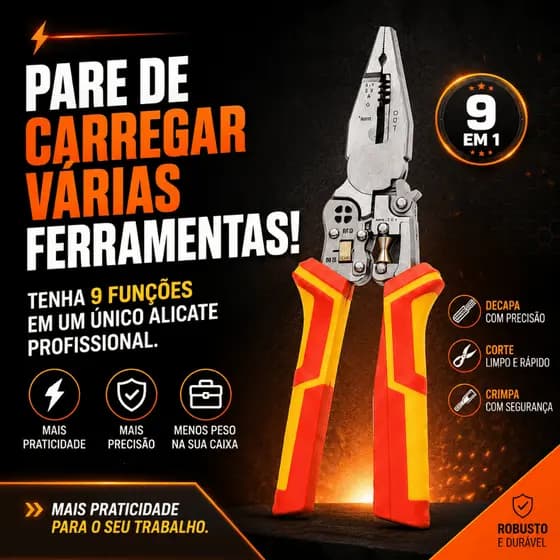 Alicate Decapador Multifuncional 9 em 1 Profissional Corta Crimpa Fios para Eletricista e DIY