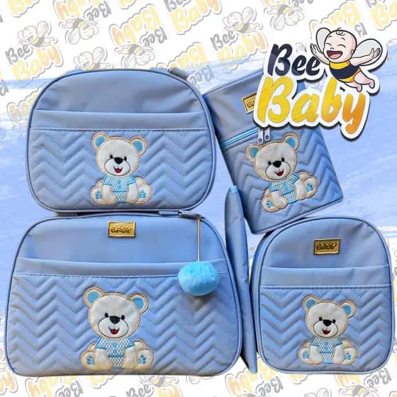 Kit Bolsa Maternidade Urso Sentado Mala para Bebê Material Térmico 5 PEÇAS