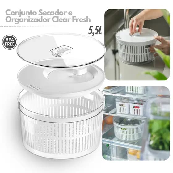Secador de Salada 5,5l Centrífuga com Tampa de Acrílico Manual Giratório Organizador de Geladeira Ou