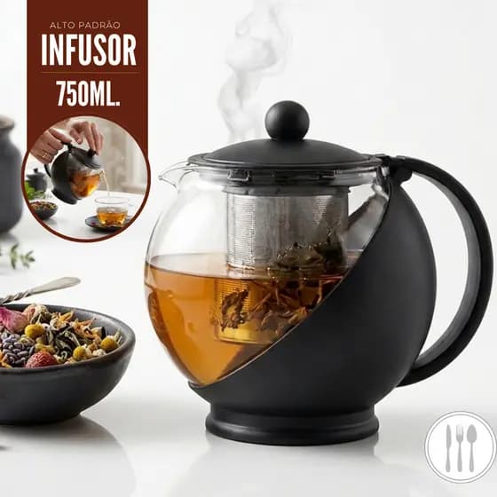 Chaleira de Vidro Inox Ifusor Filtro Removível para Chá e Naturais 750 ml Design Elegante e Resistente