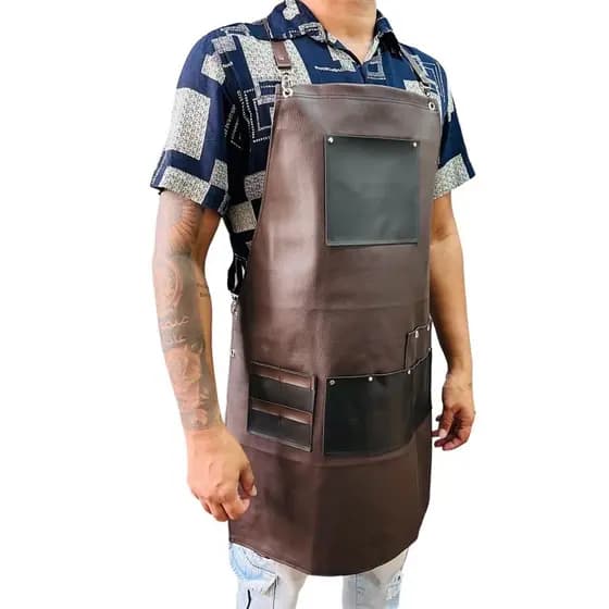 Avental de Couro Marrom com Bolso Preto Unissex para Barbeiro e Churrasqueiro cod 1880