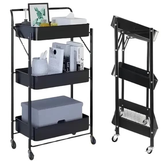 Carrinho Auxiliar De Metal Preto Com 3 Prateleiras Dobravel Organizador Multiuso Para Quarto Cozinha