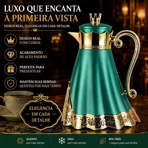 Garrafa Térmica 1L Luxo Estilo Europeu - Jarra Vintage Elegante para Café e Chá, Decoração de Mesa