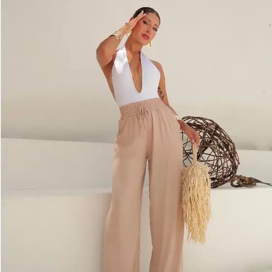 Calça Pantalona de Viscolinho, elásstico na cintura, confortável, leve e elegante premium