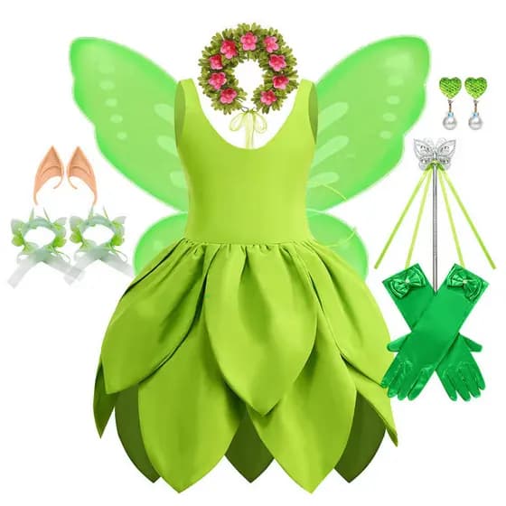 Vestido de Princesa para o Dia das Crianças, Fantasia da Sininho, Elfo Verde, Colar de Fada Verde, Fantasia da Sininho