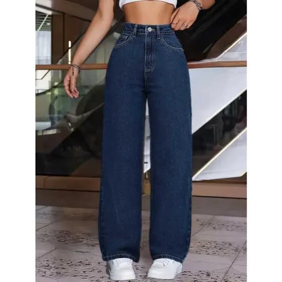 Calça Wide Leg Feminina Jeans Cintura Alta Lavagem Escura