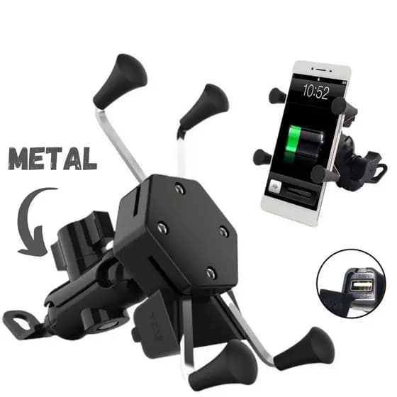 Suporte Garra Metal Para Celular Moto C-020 Universal Com Carregador Usb