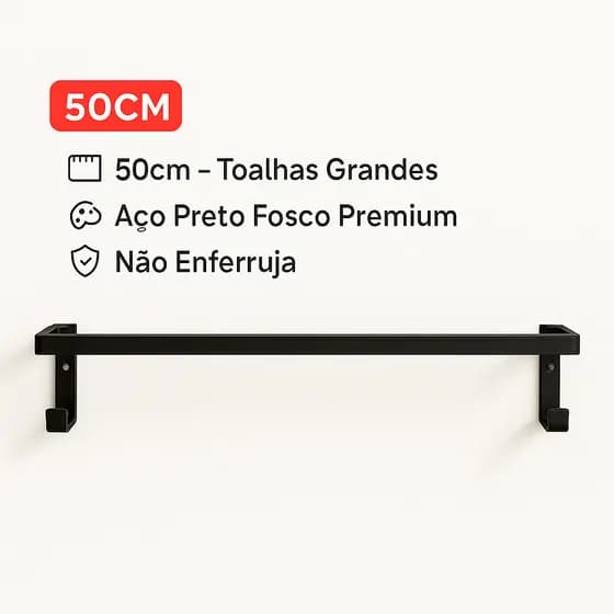 Porta Toalha Banheiro Aço Preto Fosco 50cm com Ganchos | Toalheiro Parede Premium Não Enferruja