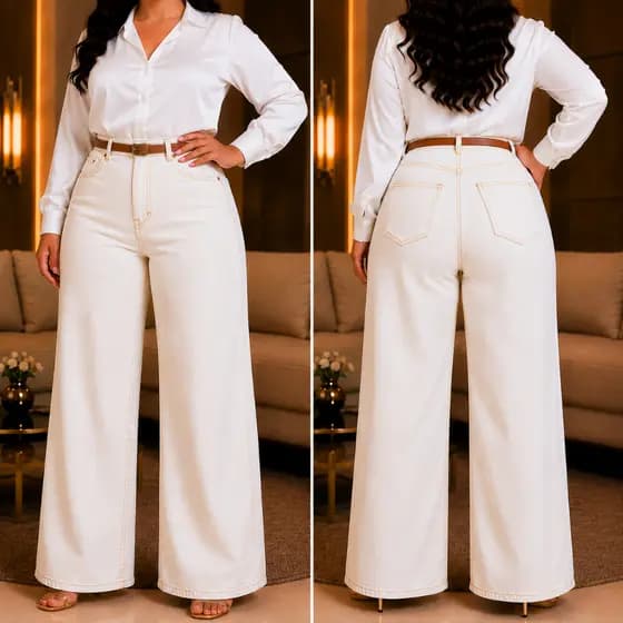 Calça Plus Size Wide Leg OffWhite com Cinto Cintura Alta Modeladora Pantalona de Shpping