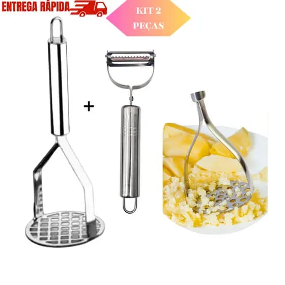 KIT 1 Amassador Batatas Legumes Feijão Aço Inox e 1 Descascador Fatiador Inox Legumes Frutas Dupla Lâmina Móvel