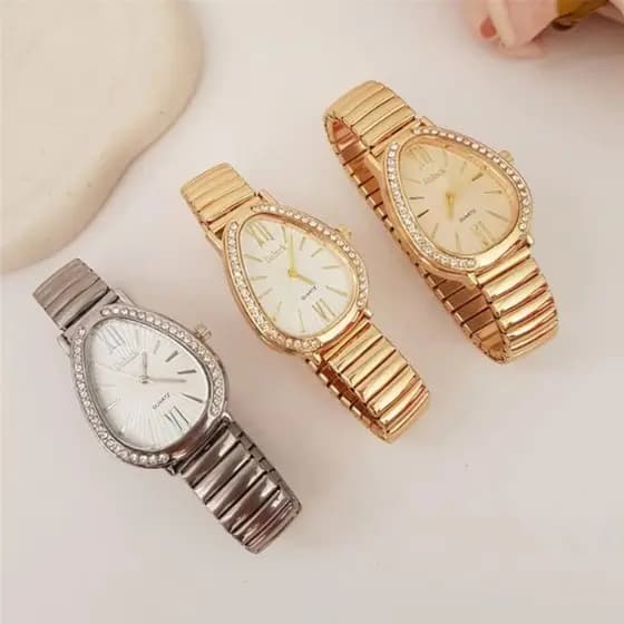 Relógio Feminino Oval Formato Cobra Pulseira Flexível Dourado Relógio Gota Com Pedras Luxo