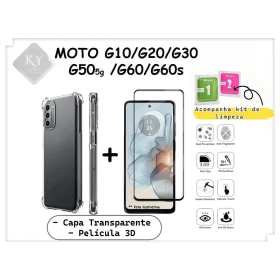 Capa Capinha Anti Shock + Película Vidro 3D Motorola Moto G10/G20/G30/G50 5g/G60/G60s Varios Modelos