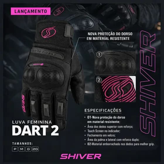 PAR LUVA MOTOQUEIRO DART 2 FEMININA COM PROTETOR PILOTO RACING TOUCH PRETO ROSA SHIVER LANÇAMENTO ESTILO X11