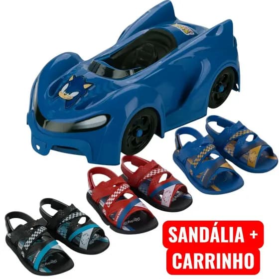 Sandália Infantil Sonic Fast Car Grendene Kids 23294 Kit Sandália + Carrinho Original com NF