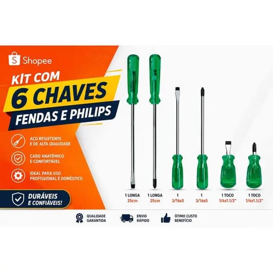 Kit com 6 chaves Fenda e Philips Longa 25cm, toco 1/4x1.1/2, 3/16x5