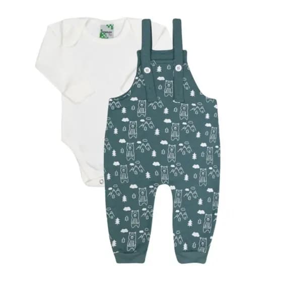 kit jardineira inverno com body manga longa em moletinho