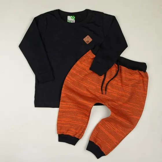Conjunto infantil inverno menino camiseta m/l e calça em moletinho 1/2/3 anos
