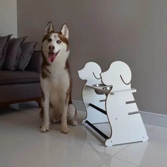 Comedouro Cachorro Porte Grande Elevado Duplo Pet MDF Regulagem Altura - Inox