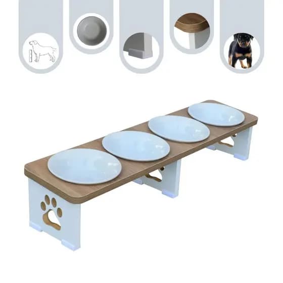 Comedouro Bebedouro Quadruplo Linear Pet Elevado Cachorro Tigelas Inox / Porcelana Linha Premium