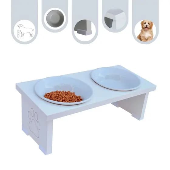 Comedouro Pet Elevado Duplo Cachorro Linha Duo Tigelas Inox / Porcelana