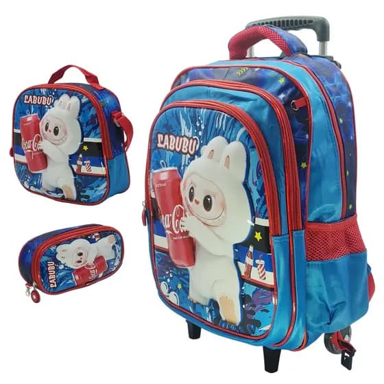 Mochila Escolar Infantil 3D Carrinho Kit Com Estojo Lancheira Térmica Impermeável Rodinhas 3 Peças - Menino Coca Cola