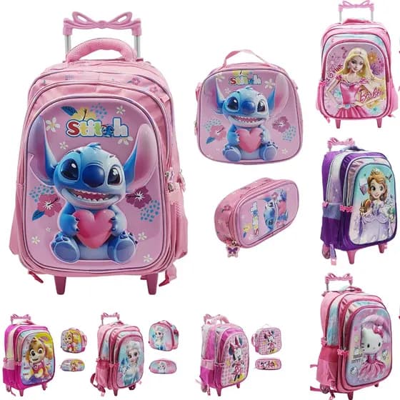 Kit Completo Mochila 3D Infantil Com Rodinhas Estojo e Lancheira Térmica Escolar Menina 3 Peças